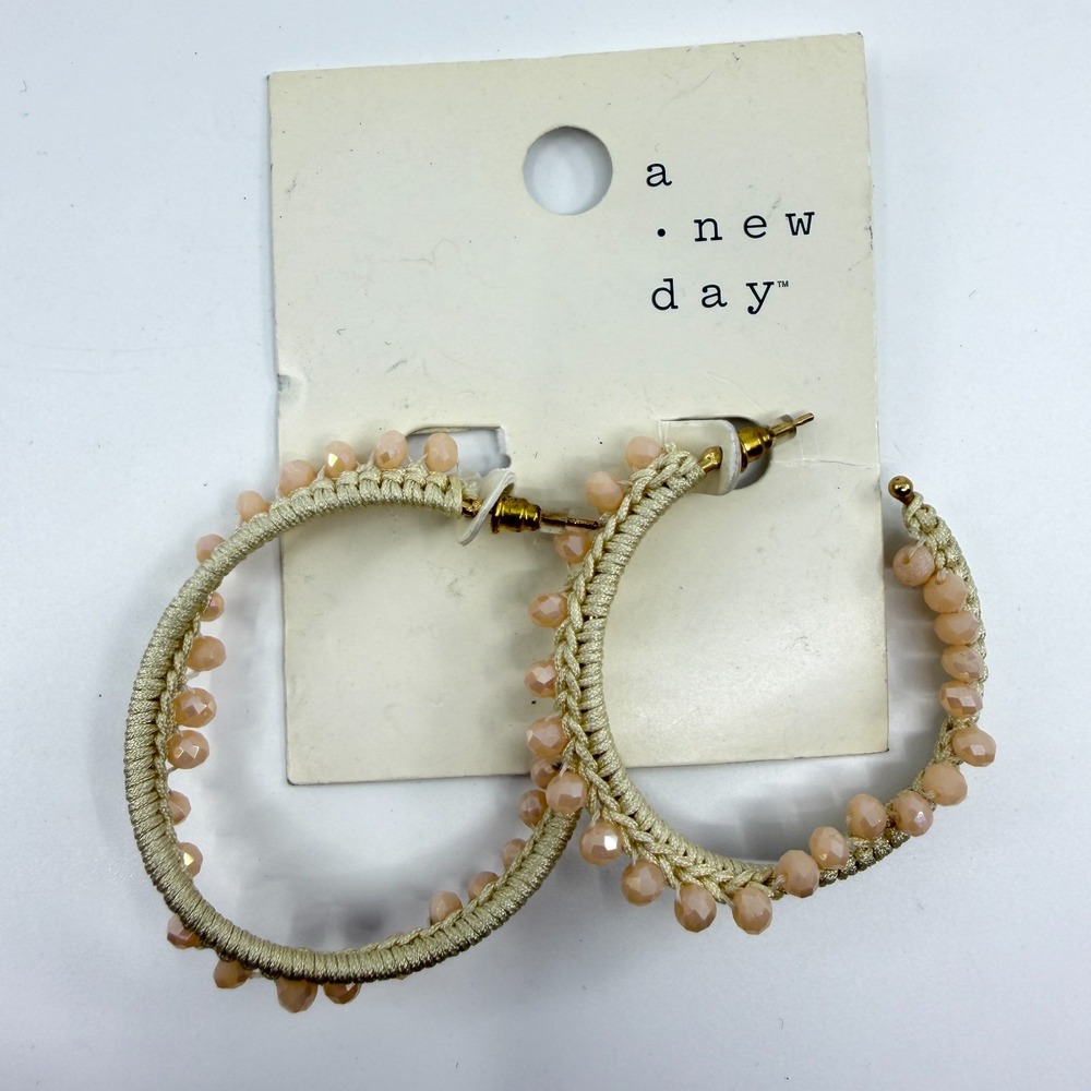 A New Day Beaded Hoops Peach Cord Wrap Statement Earrings Boho Festival Gift